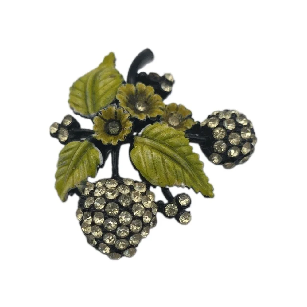 Vintage Hollycraft Hydrangea Berry Brooch Japanned Yellow Rhinestone Leaf Retro